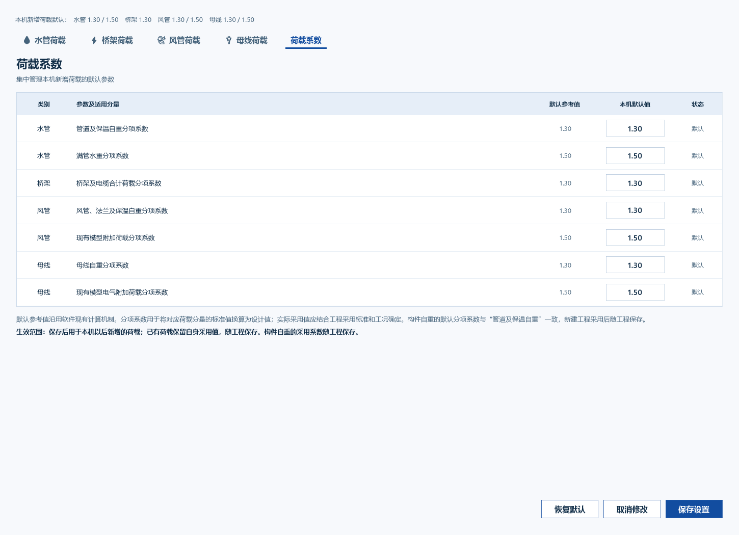 V3.0.4 浅色参考 · 七项荷载分项系数设置;图中参考值不是所有工程的推荐值。