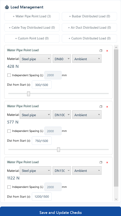 02 / Add three water pipes to the beam · Actual pipe-input controls · One set of design loads